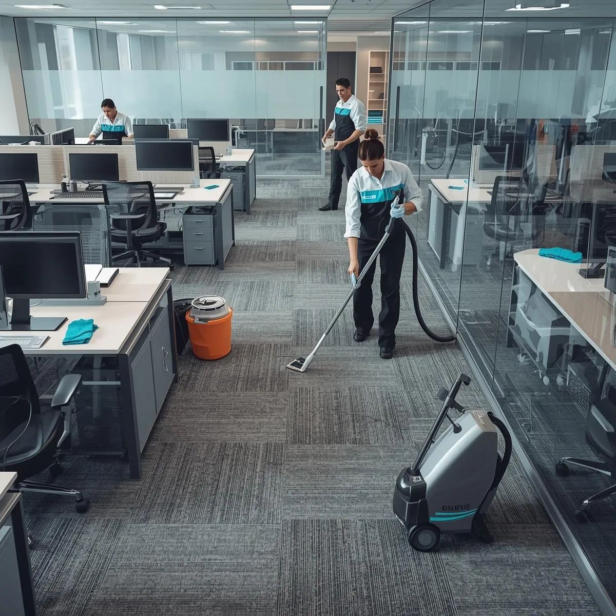 Cleaning staff disinfecting desks and vacuuming floors in a modern office workspace.