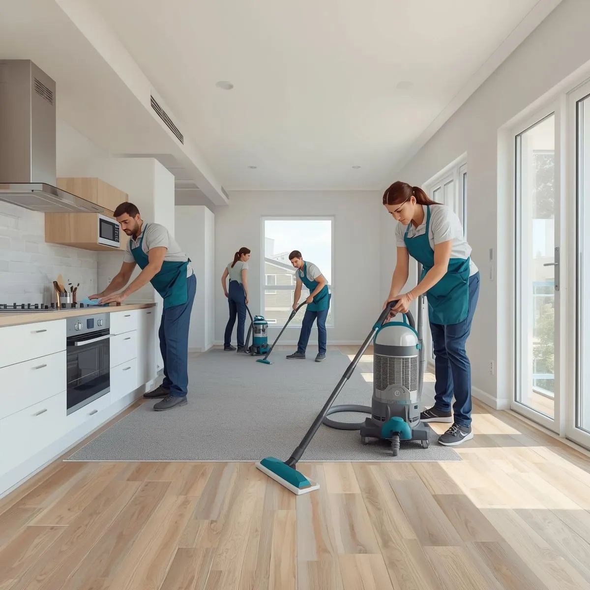 Professional cleaners performing end-of-lease cleaning inside an empty apartment before a rental inspection.
