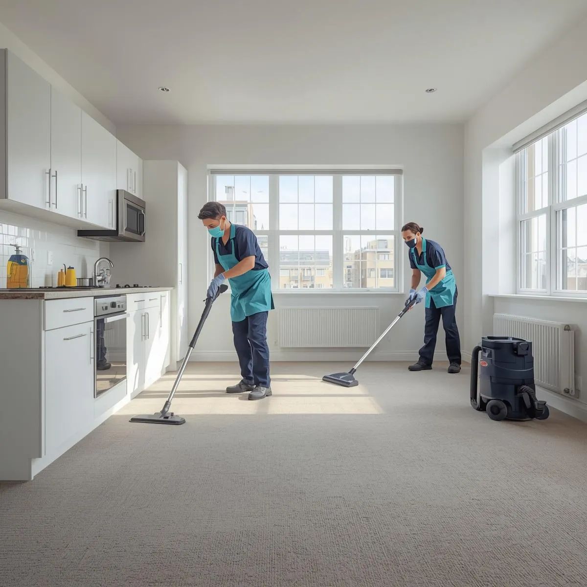 Professional cleaners preparing a rental apartment for final inspection using commercial cleaning equipment.
