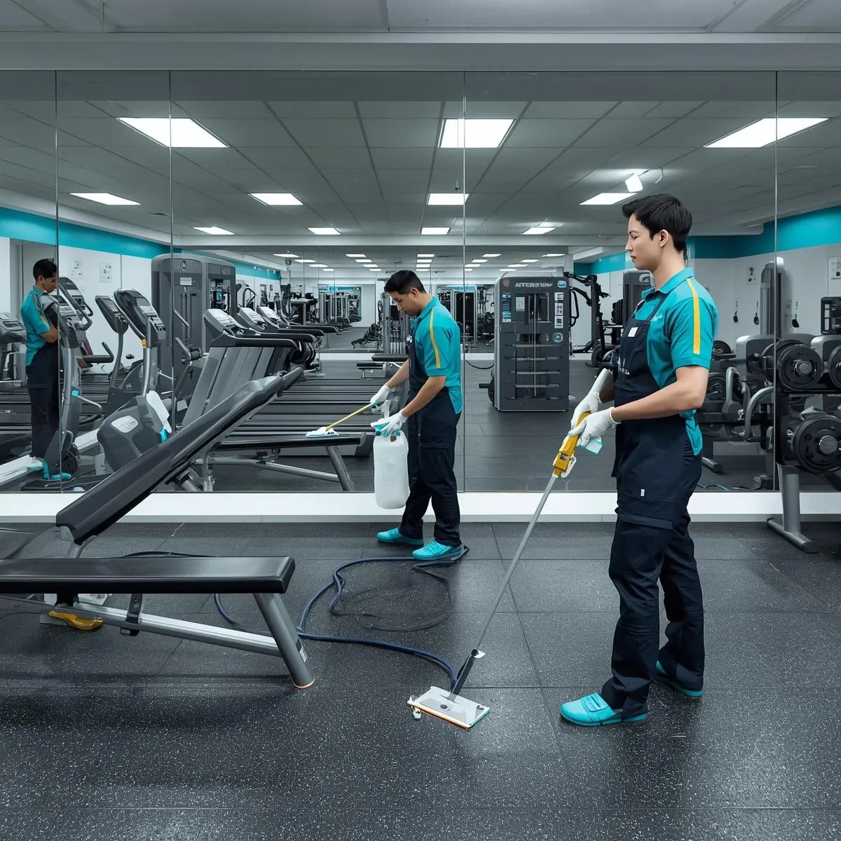 Professional cleaners sanitising equipment in a gym facility.