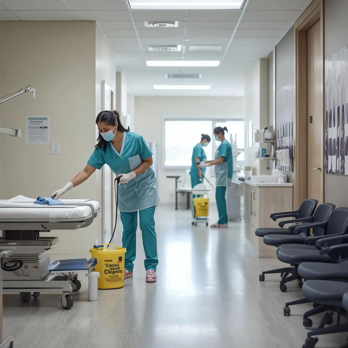 Cleaning staff disinfecting examination tables, waiting areas, and surfaces inside a medical clinic.