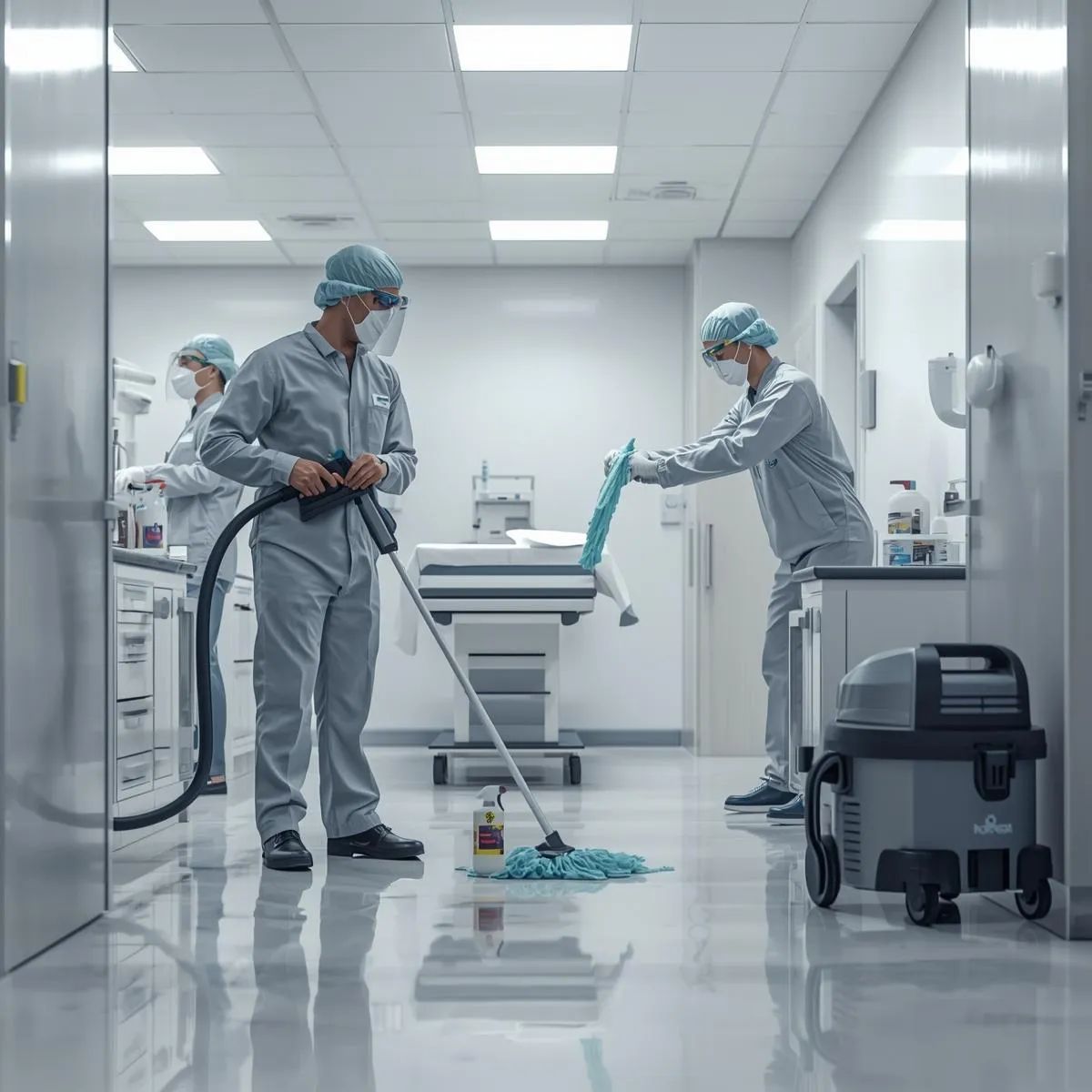 Healthcare cleaners disinfecting medical surfaces and equipment using hospital-grade cleaning methods.