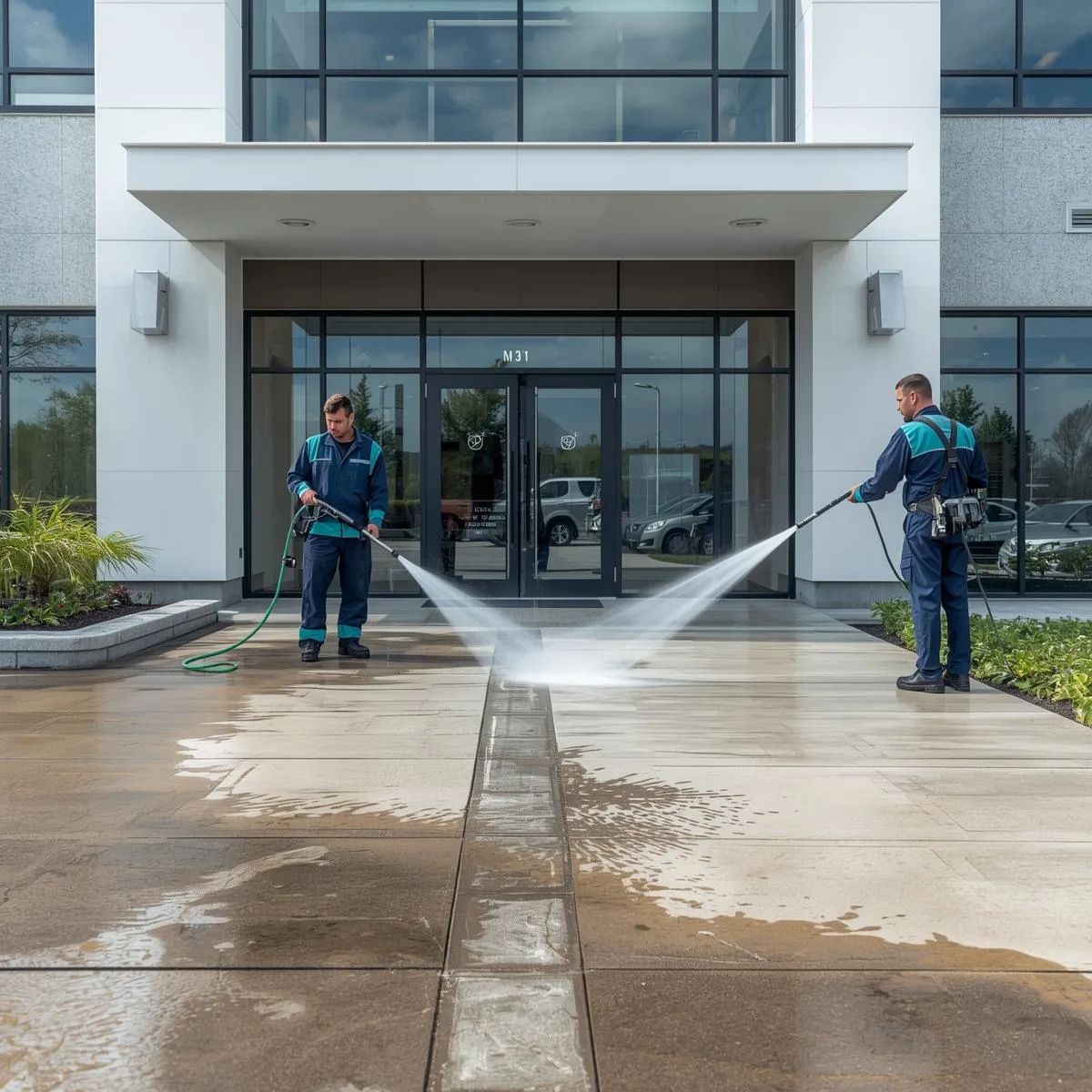 Technicians using pressure washers to clean driveways, walkways, and building exterior surfaces.