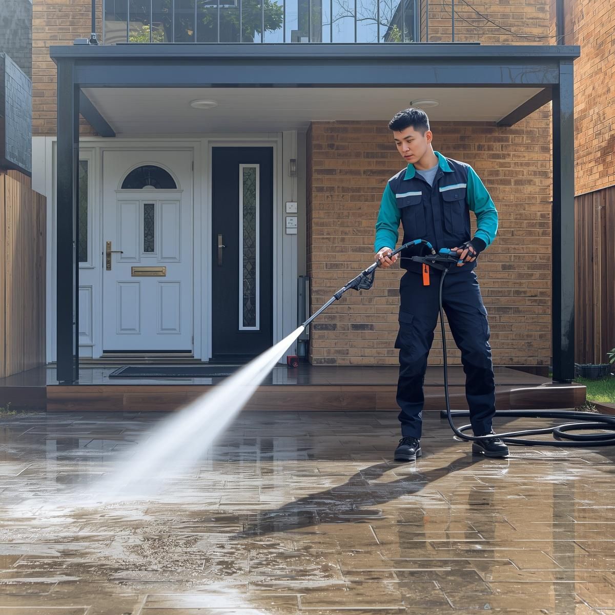 Technician using a high-pressure washer to remove stains and grime from exterior concrete and brick surfaces.
