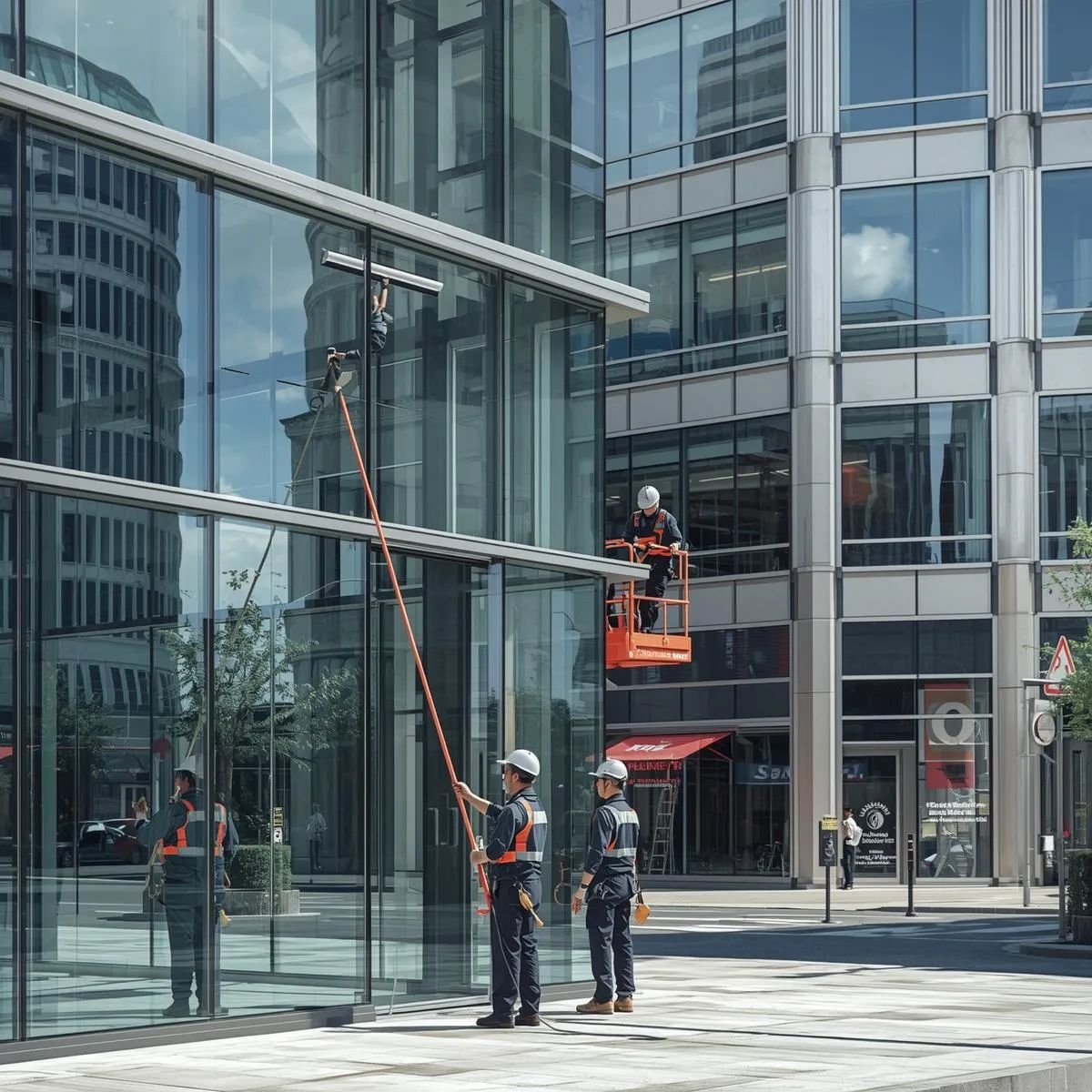 Commercial window cleaners maintaining glass panels on office buildings and retail storefronts.