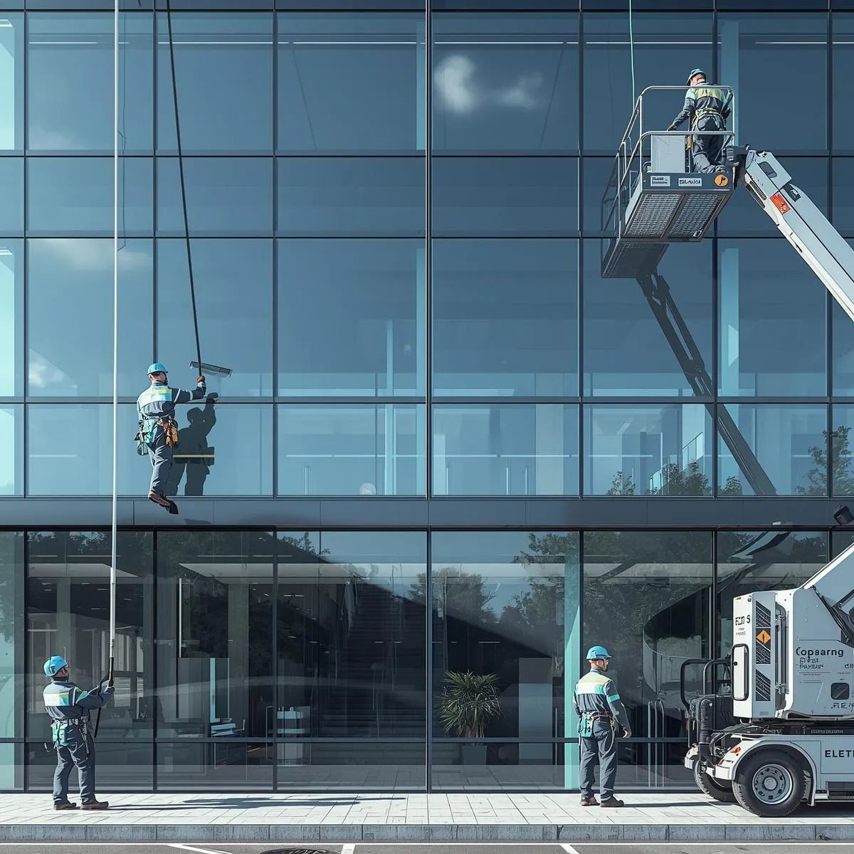 Window cleaning team using poles, squeegees, and lift equipment to clean glass on a commercial building.