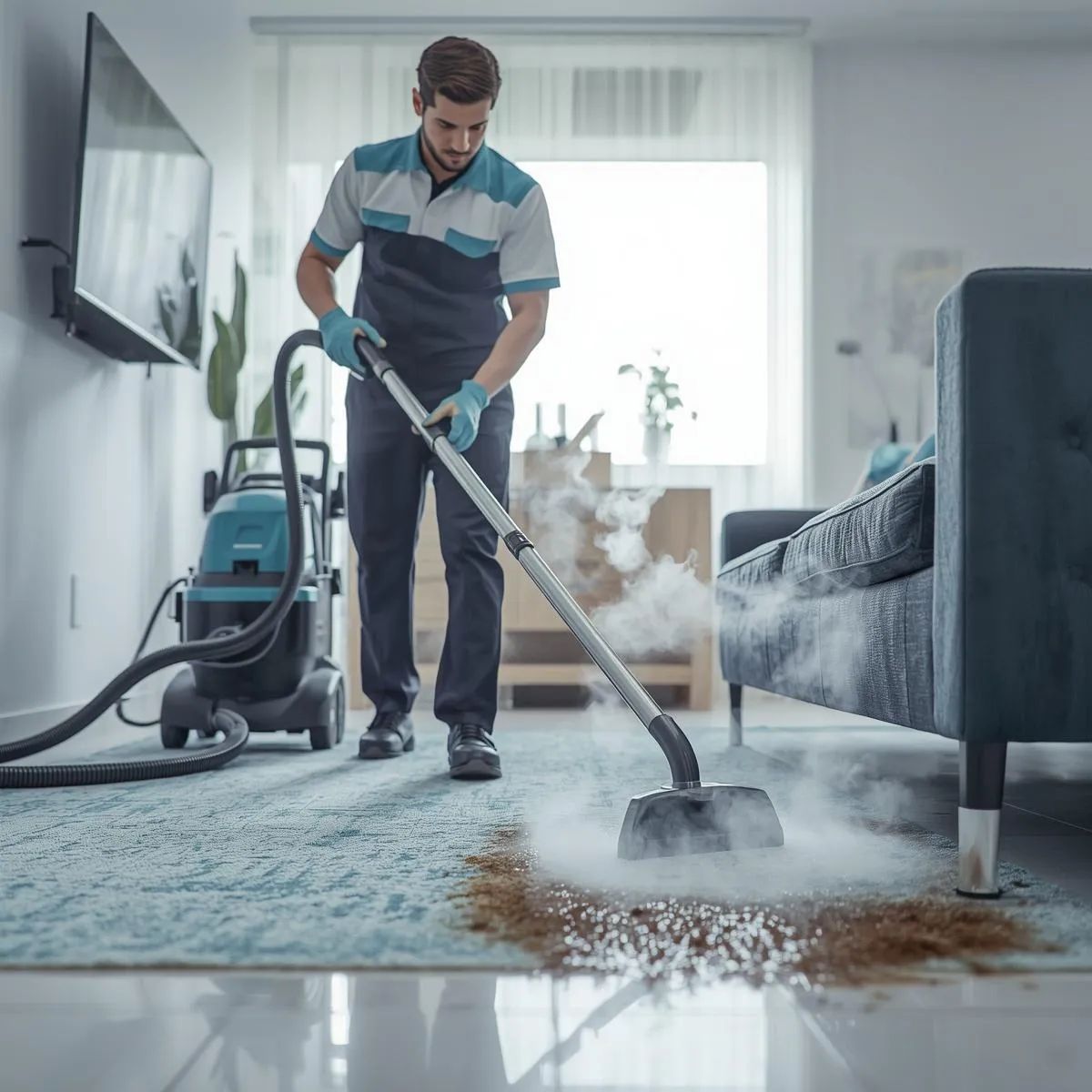 Technician using steam cleaning equipment to remove stains and dirt from carpet in an interior space.