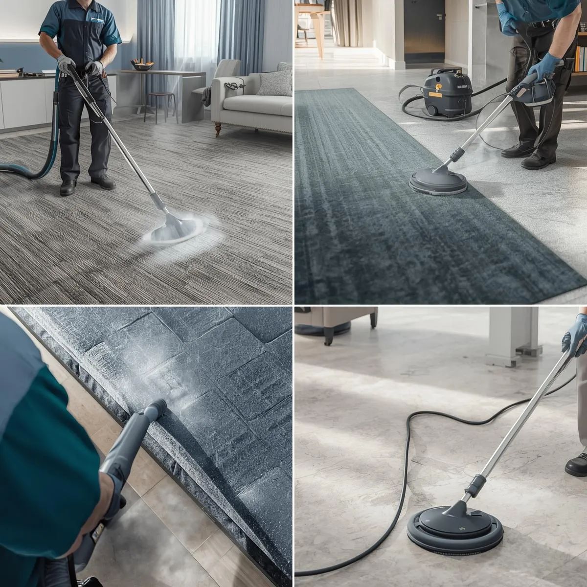 Technician using steam cleaning equipment on carpet, upholstery, and tile surfaces.