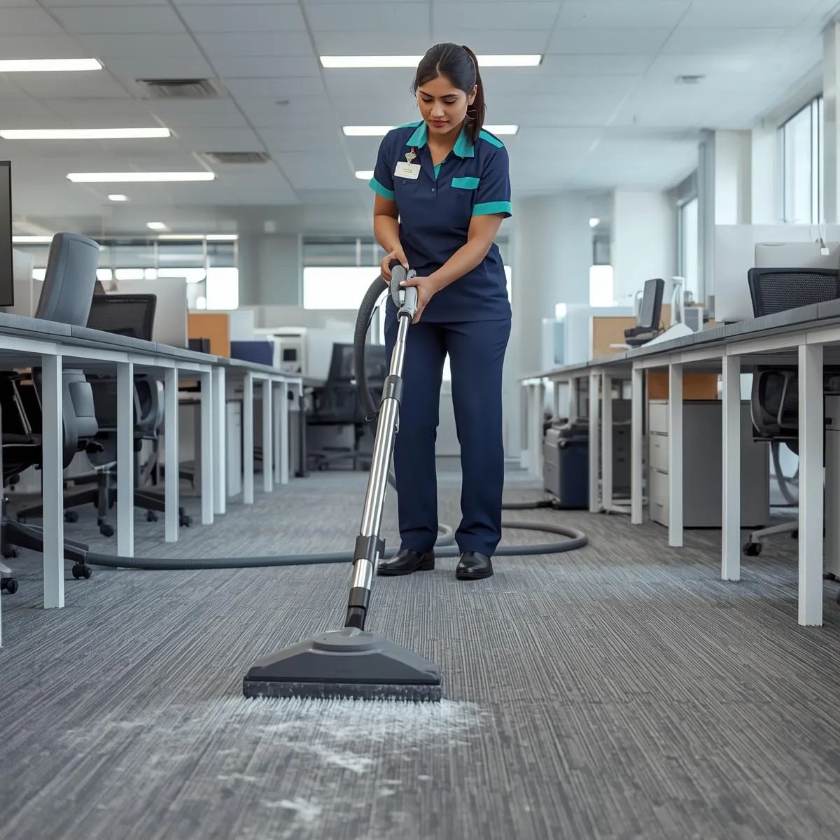 Technician using hot water extraction equipment to deep clean carpet in a commercial office.