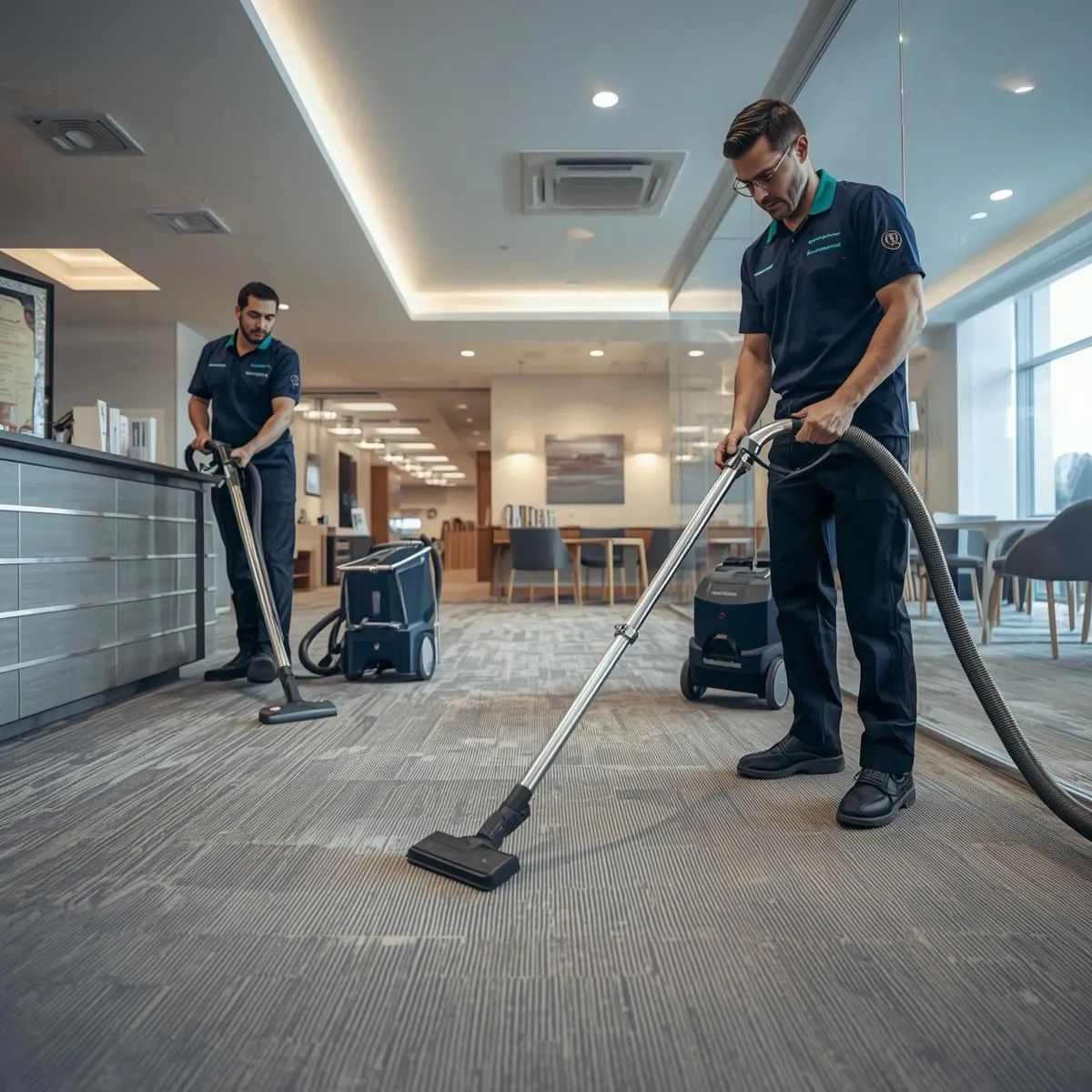 Technician using carpet extraction equipment to clean carpet in a commercial lobby area.