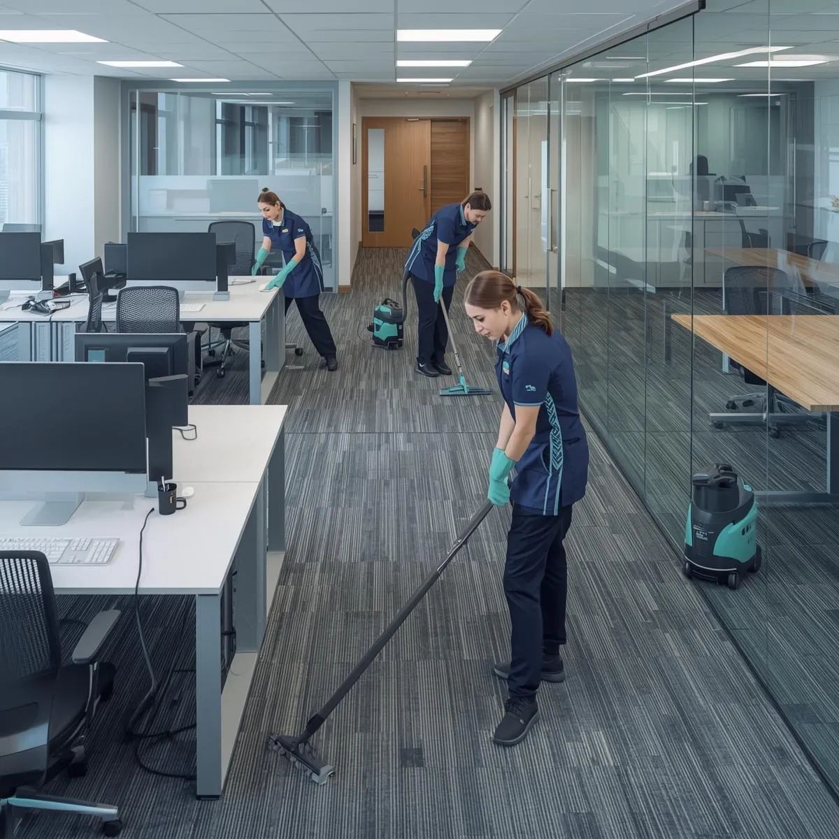 Cleaning staff disinfecting desks and vacuuming floors inside a modern office workspace