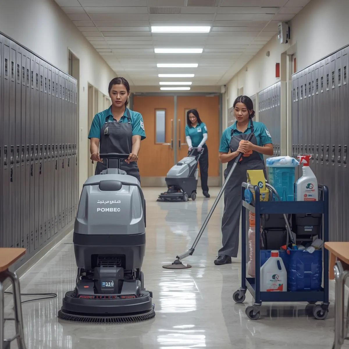 Cleaning staff using commercial vacuum and floor scrubber to clean surfaces inside a school facility.