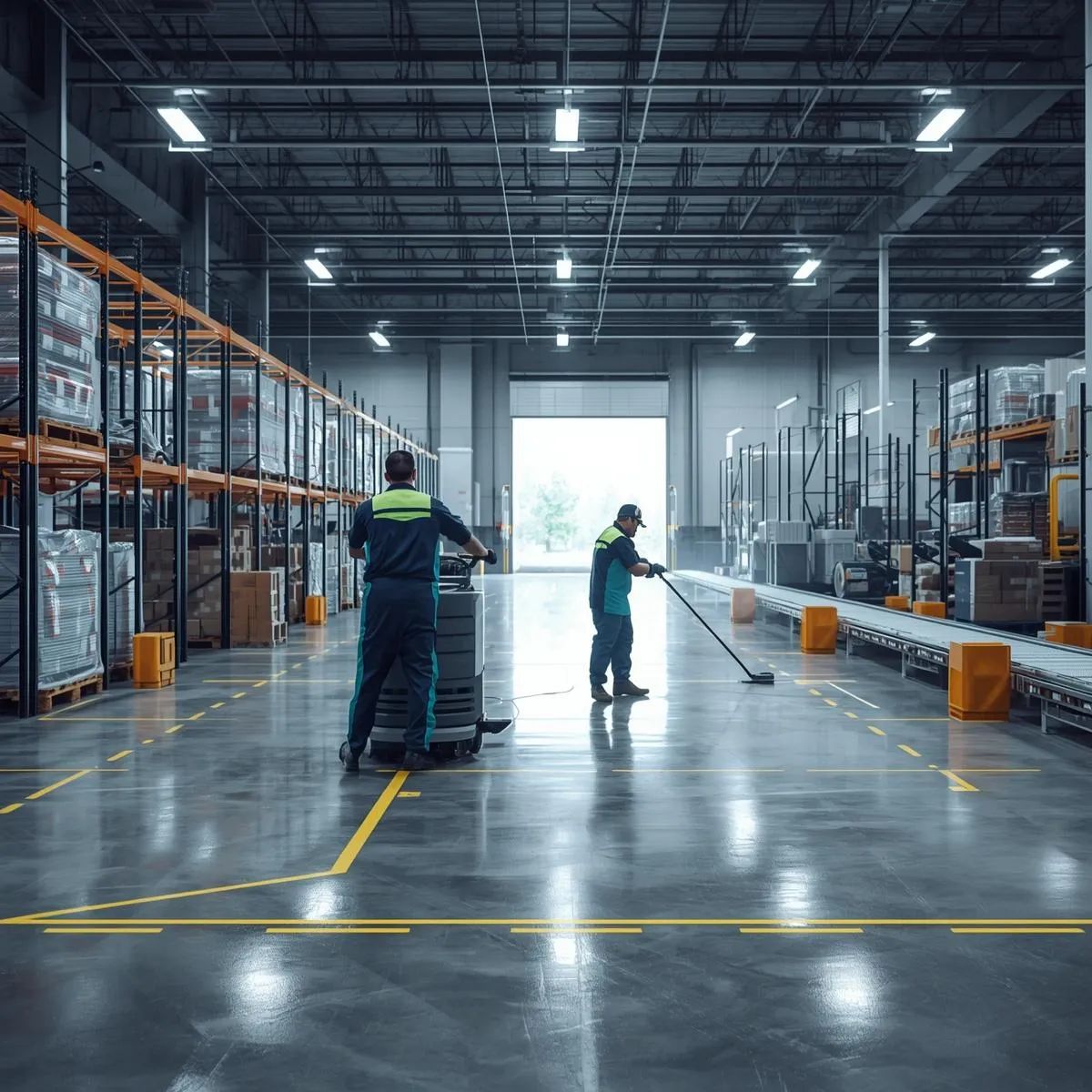 Industrial cleaning staff operating floor scrubber and cleaning surfaces inside a warehouse facility.