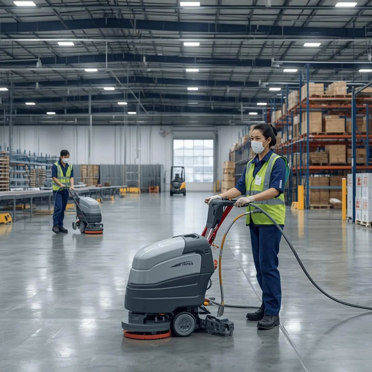 Cleaning staff operating floor scrubber and cleaning storage areas inside a warehouse facility.