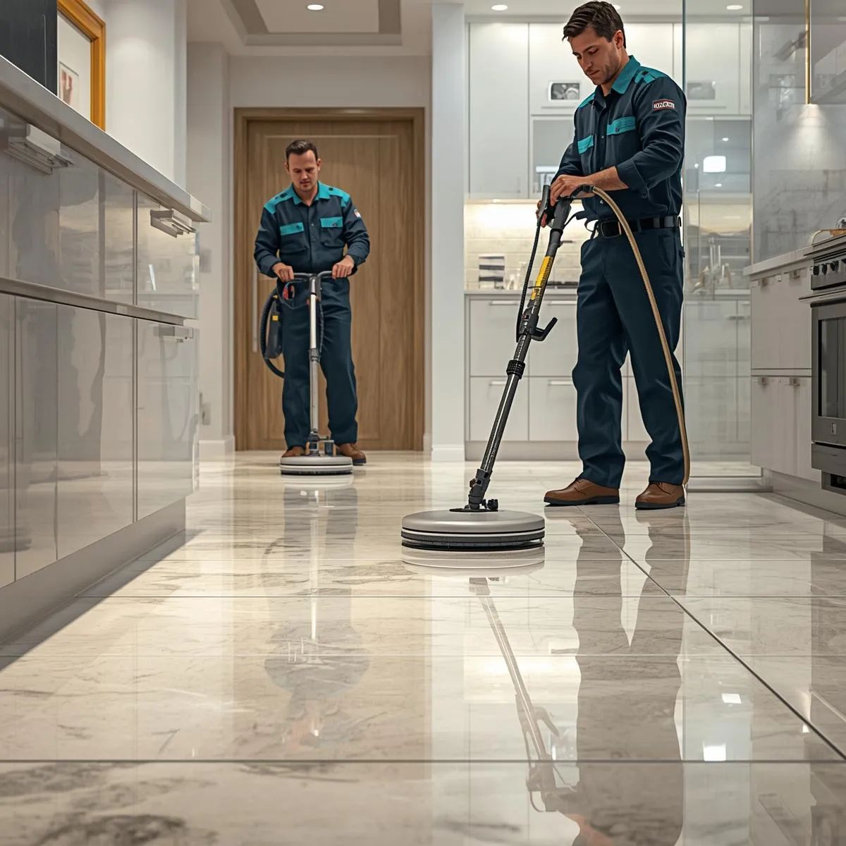 Technician using equipment to clean tile floors and grout lines in a kitchen or bathroom.