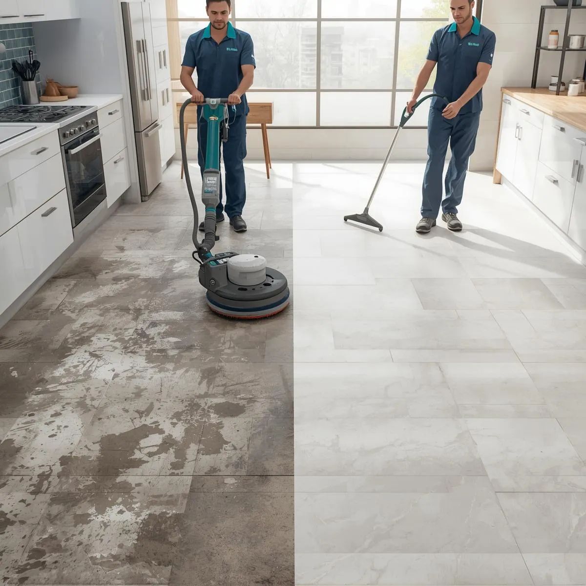 Technician cleaning dirty tile floors and stained grout lines using professional equipment.