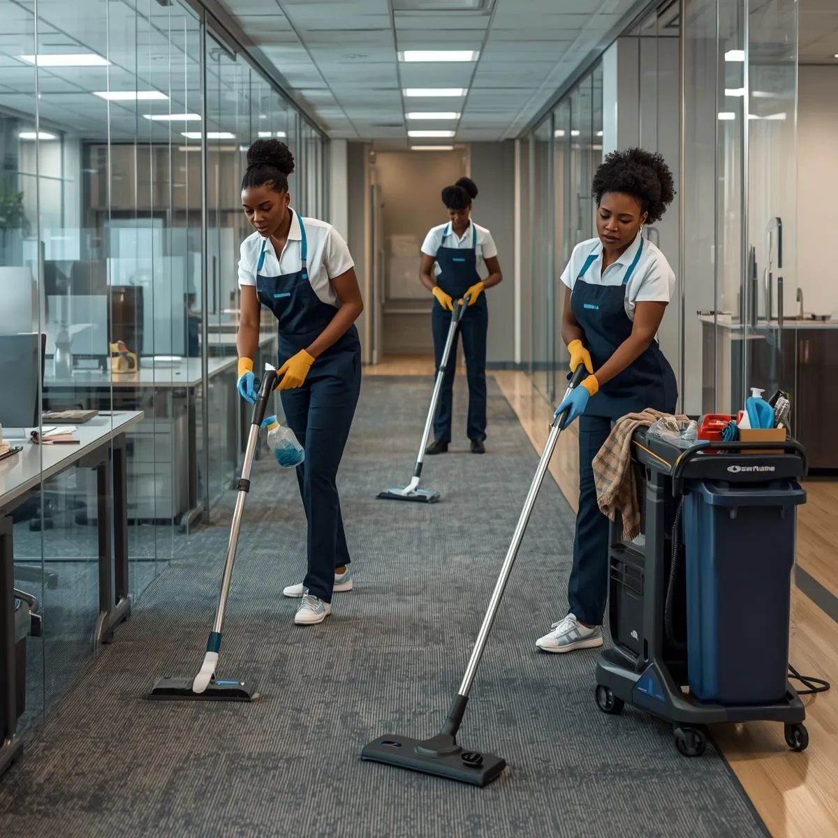 Cleaning staff disinfecting desks, vacuuming carpets, and mopping floors inside a commercial workplace.