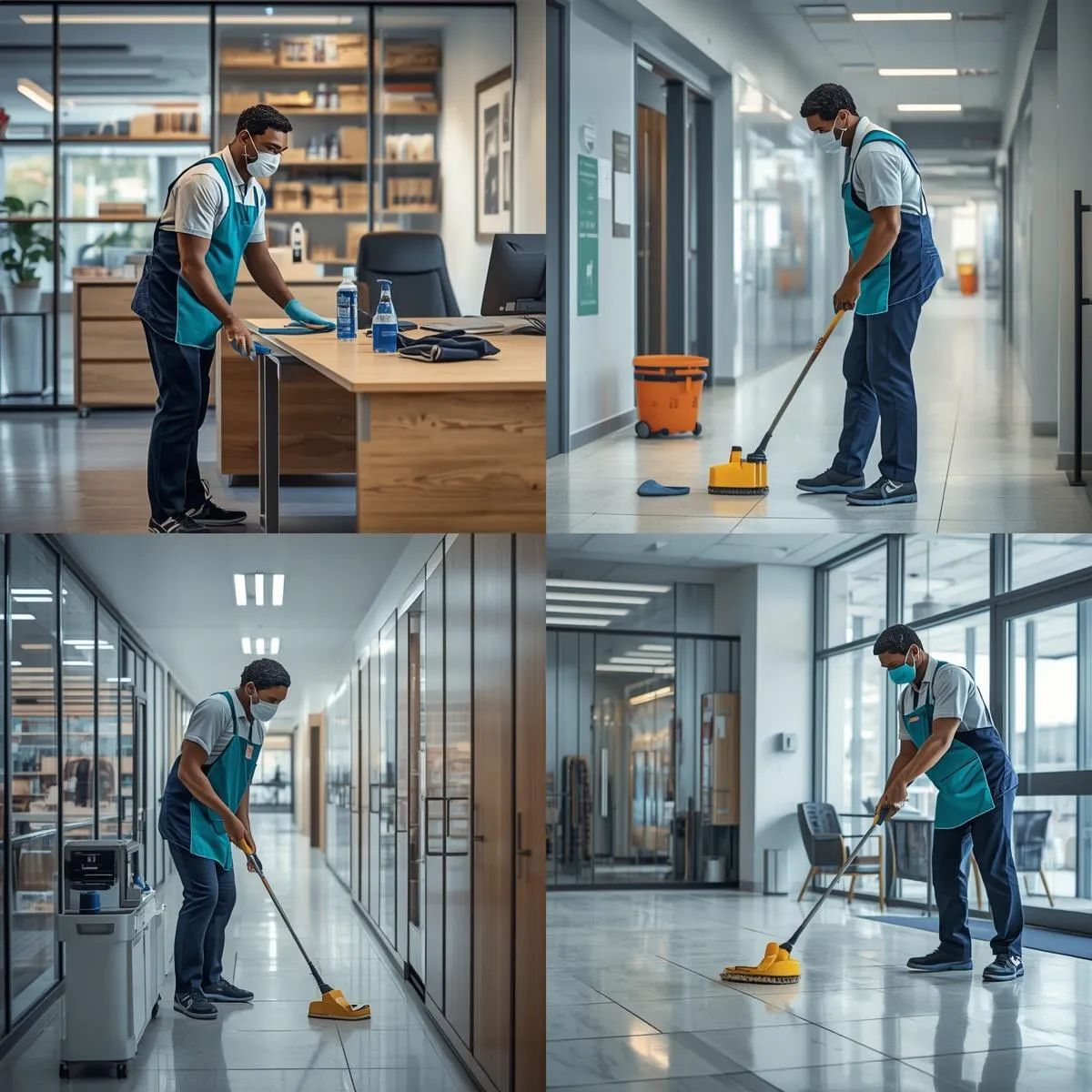 Commercial cleaning staff sanitising desks, floors, and surfaces across different workplace environments.