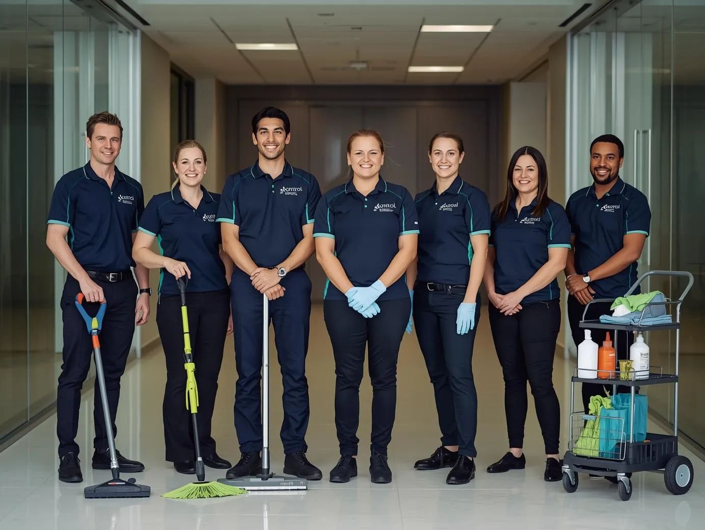 Commercial cleaning team in branded navy and teal uniforms standing with cleaning equipment inside a modern Docklands office.